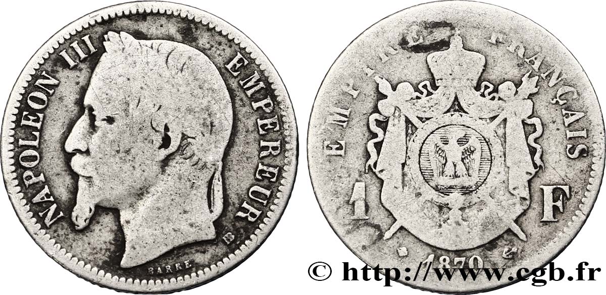 1 franc Napoléon III, tête laurée 1870 Strasbourg F.215/16 SGE12 