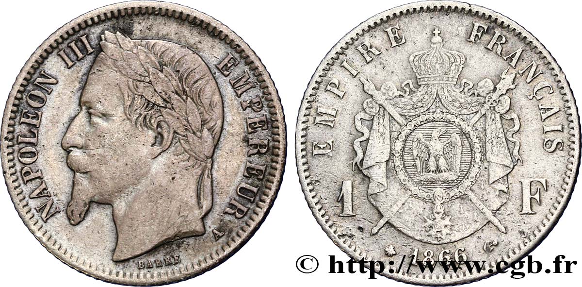 1 franc Napoléon III, tête laurée 1866 Paris F.215/3 VF35 