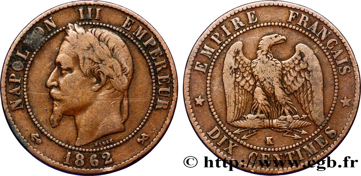 Dix centimes Napoléon III, tête laurée 1862 Bordeaux F.134/9 TB25 
