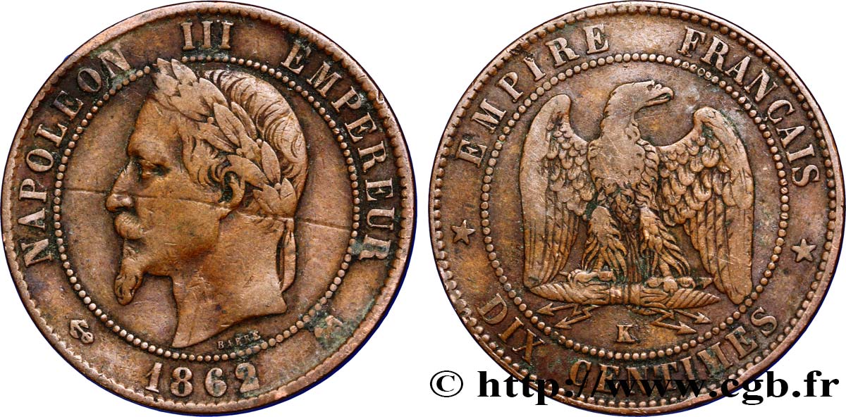 Dix centimes Napoléon III, tête laurée 1862 Bordeaux F.134/9 TB25 