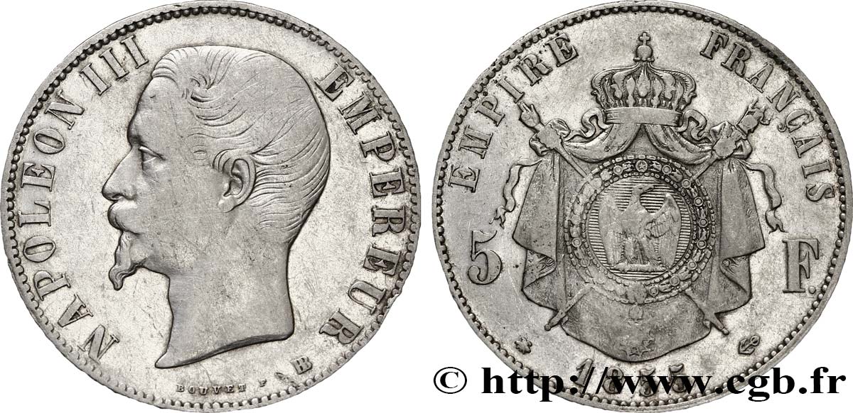 5 francs Napoléon III, tête nue 1855 Strasbourg F.330/4 VF 