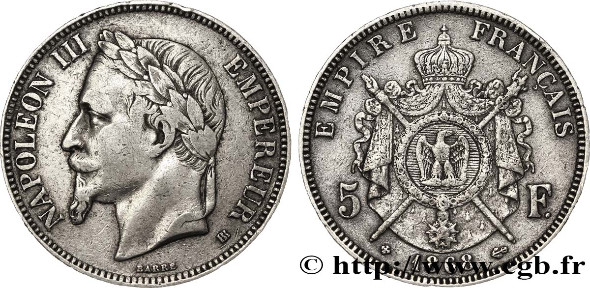 5 francs Napoléon III, tête laurée 1868 Strasbourg F.331/13 BC35 
