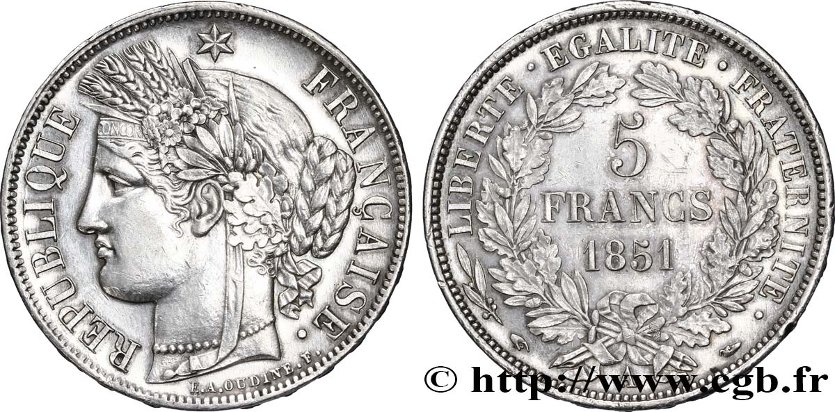 5 francs Cérès, IIe République 1851 Paris F.327/7 SS 