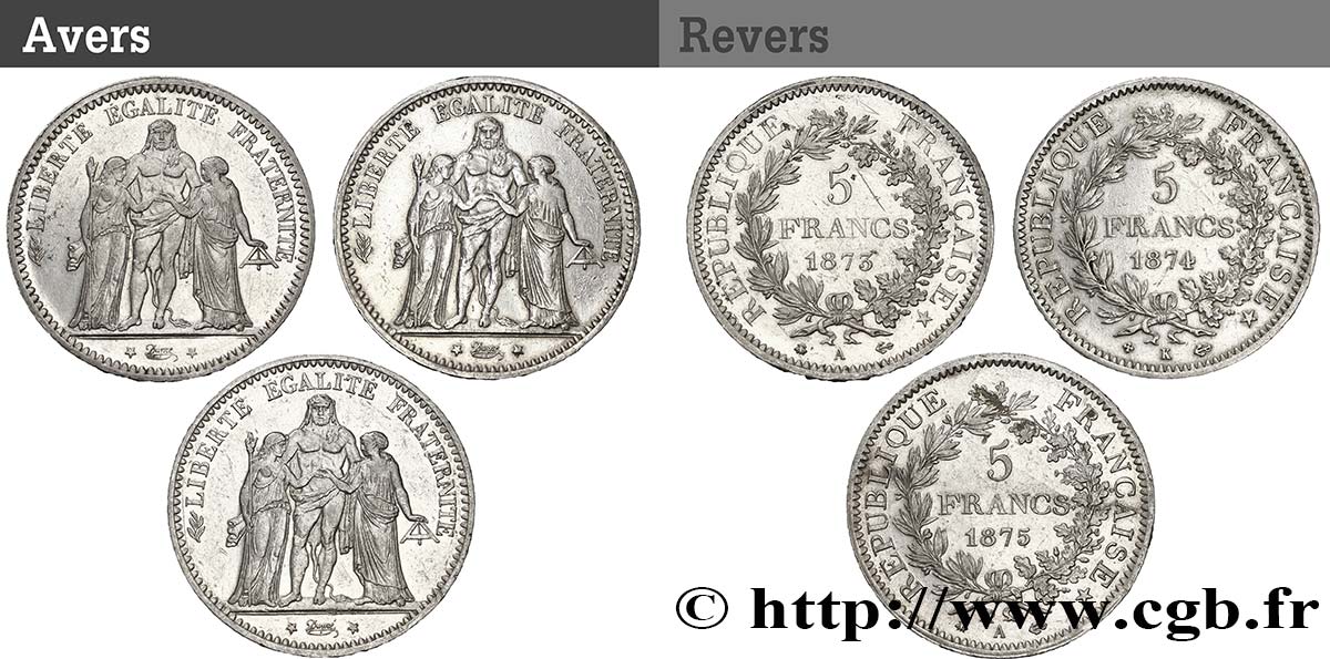Lot de trois pièces de 5 francs Hercule : 1873 1874 1875 -  F.334/9 S 