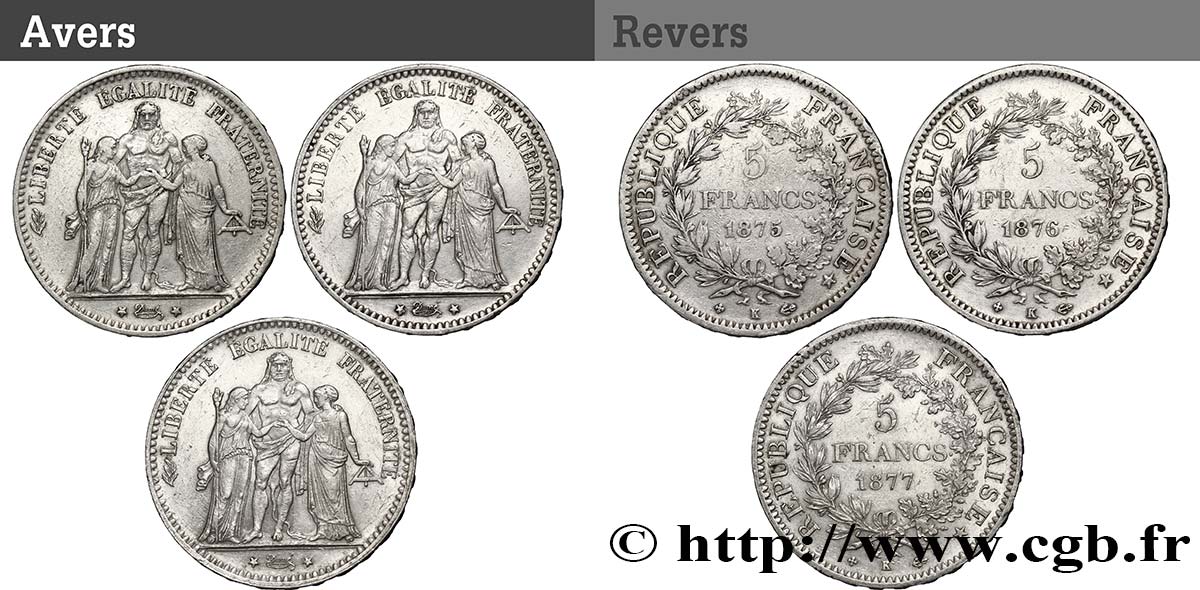 Lot de trois pièces de 5 francs Hercule : 1875 1876 1877 - Bordeaux F.334/16 VF 