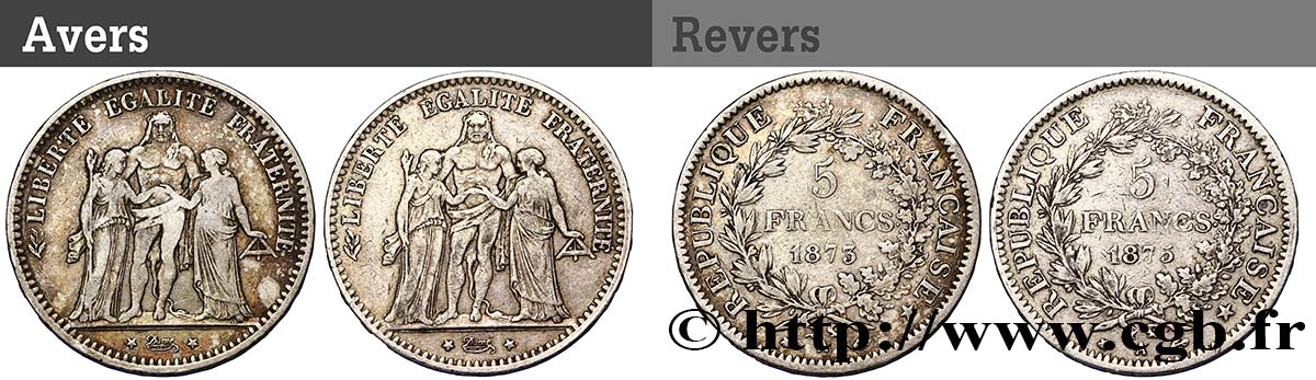 Lot de deux pièces de 5 francs Hercule : 1873 1875 - Paris F.334/9 VF 