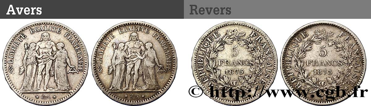 Lot de deux pièces de 5 francs Hercule : 1873 1875 - Paris F.334/9 MB 