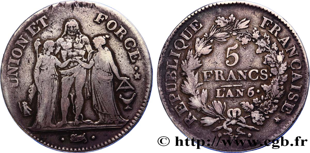 5 francs Union et Force, Union serré, seulement gland extérieur 1798 Bordeaux F.288/61 XF42 