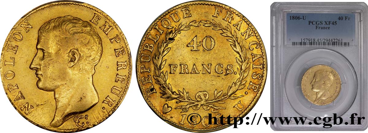 40 francs or Napoléon tête nue, Calendrier grégorien 1806 Turin F.538/4 XF45 PCGS