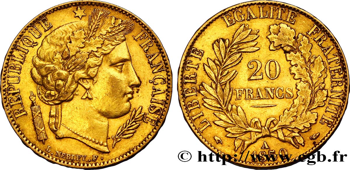 20 francs or Cérès, oreille basse 1850 Paris F.529/3 XF48 