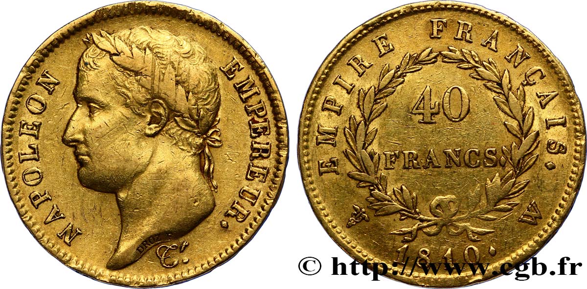 40 francs or Napoléon tête laurée, Empire français 1810 Lille F.541/5 MBC42 