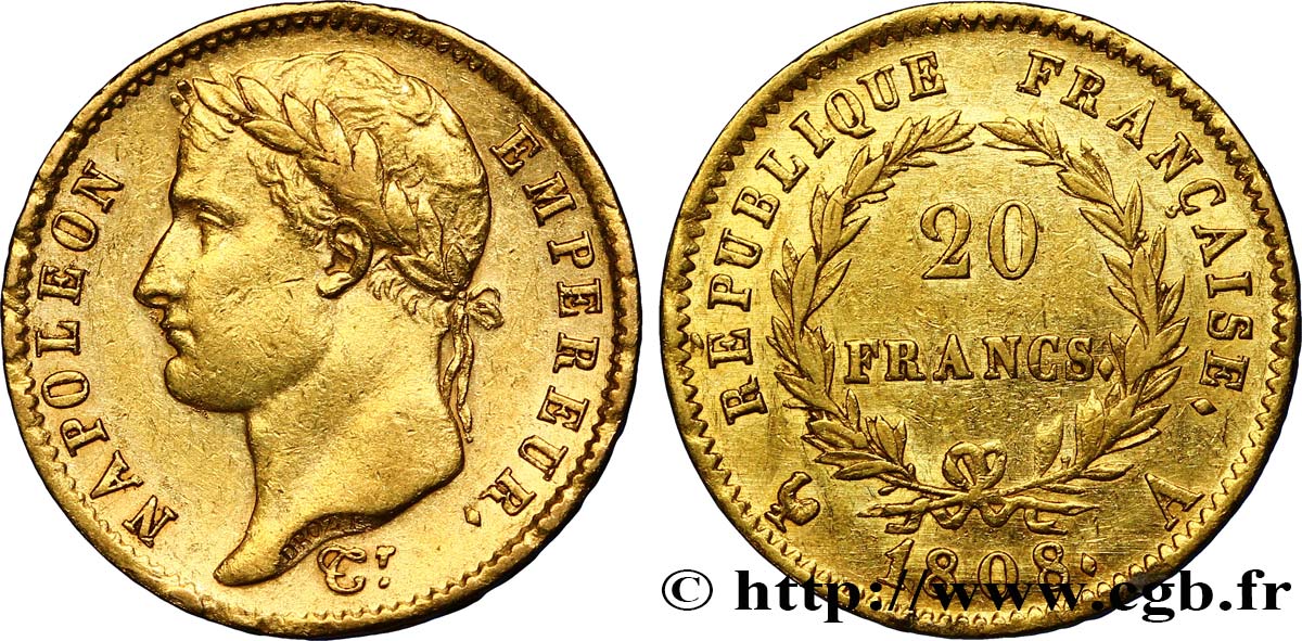 20 francs or Napoléon tête laurée, République française 1808 Paris F.515/2 MBC48 
