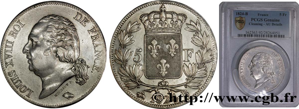 5 francs Louis XVIII, tête nue 1824 Rouen F.309/89 AU PCGS
