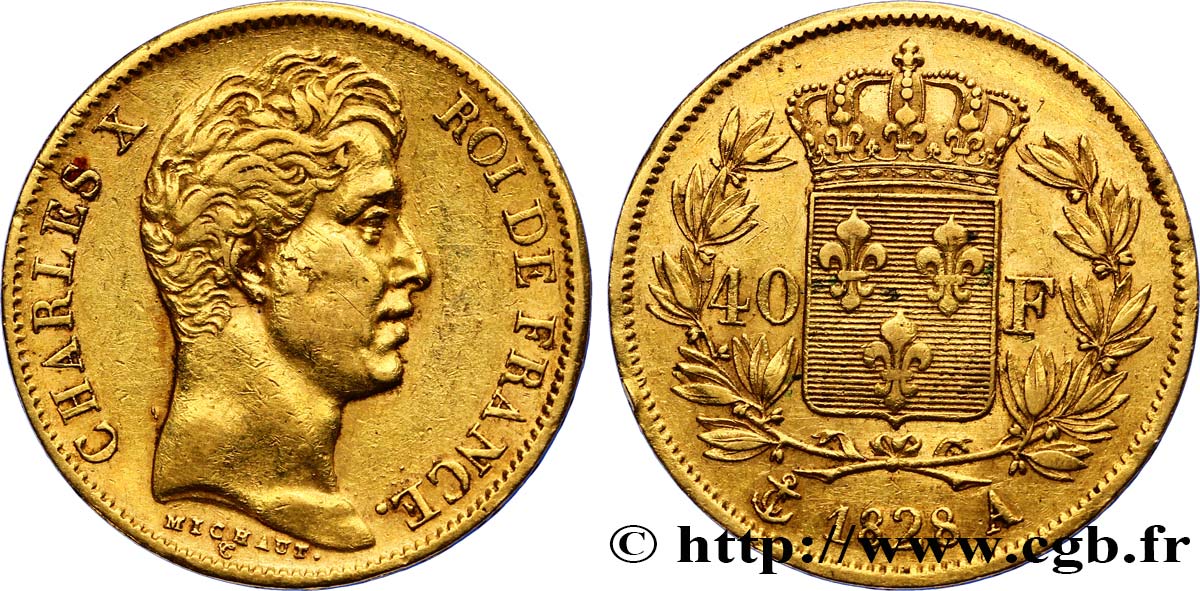40 francs or Charles X, 2e type 1828 Paris F.544/3 XF45 