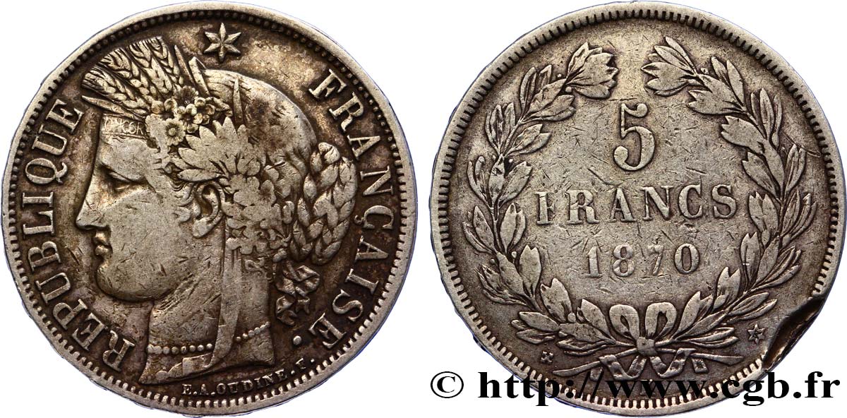 5 francs Cérès, sans légende 1870 Bordeaux F.332/3 S20 