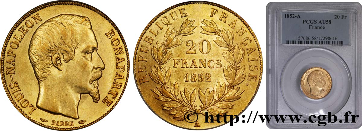 20 francs or Louis-Napoléon 1852 Paris F.530/1 VZ58 PCGS