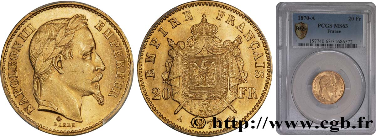 20 francs or Napoléon III, tête laurée 1870 Paris F.532/23 SPL63 PCGS