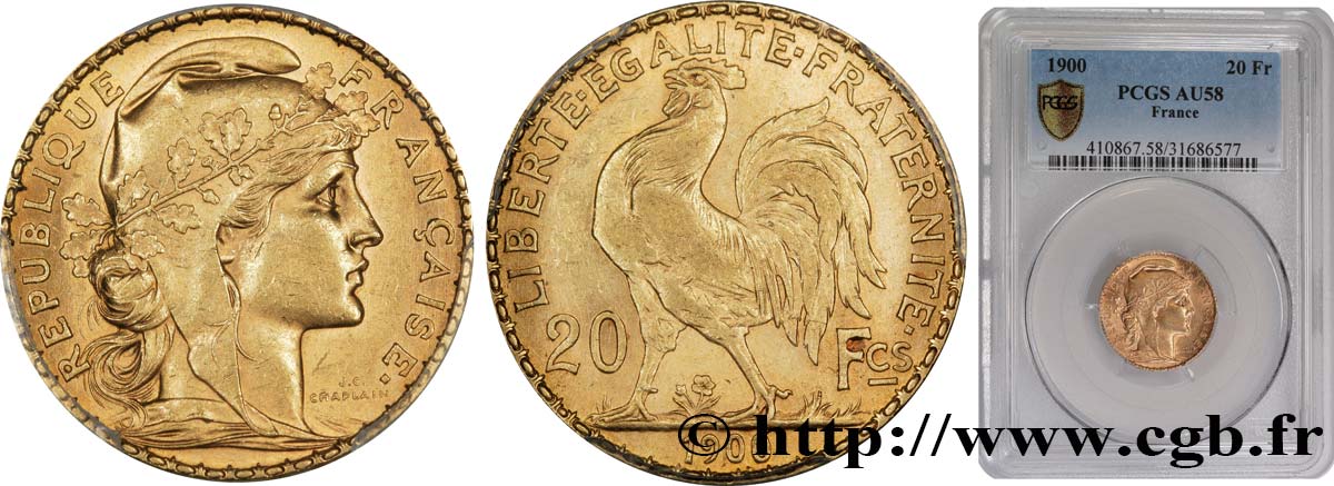 20 francs or Coq, Dieu protège la France 1900 Paris F.534/4 SPL58 PCGS