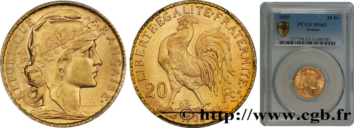 20 francs or Coq, Dieu protège la France 1905 Paris F.534/10 MS63 PCGS