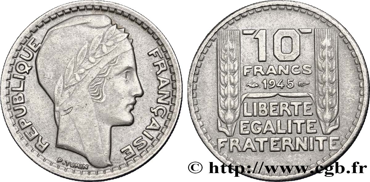 10 francs Turin, grosse tête, rameaux courts 1945  F.361A/1 MBC45 