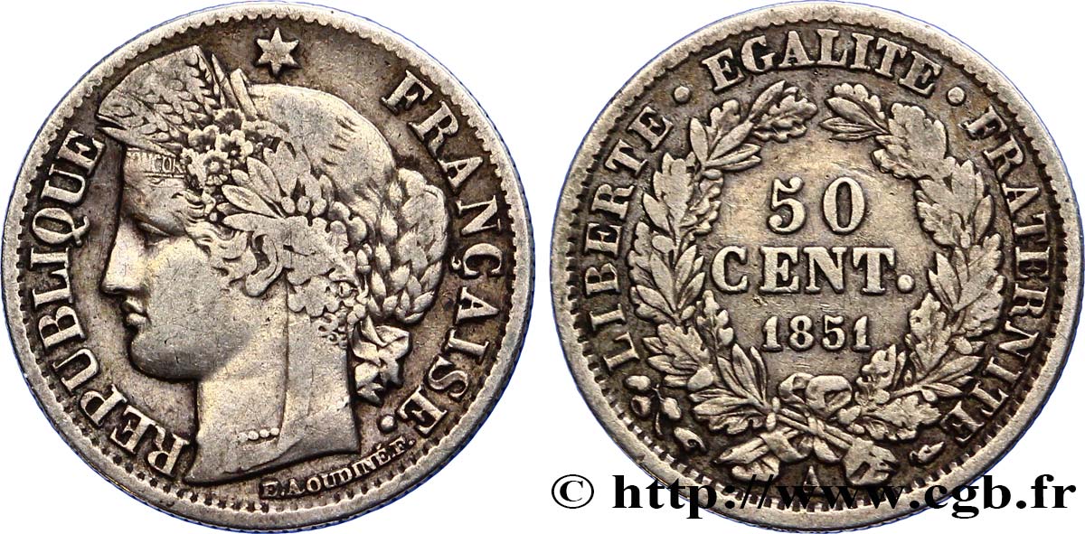 50 centimes Cérès, IIe République 1851 Paris F.184/5 S25 