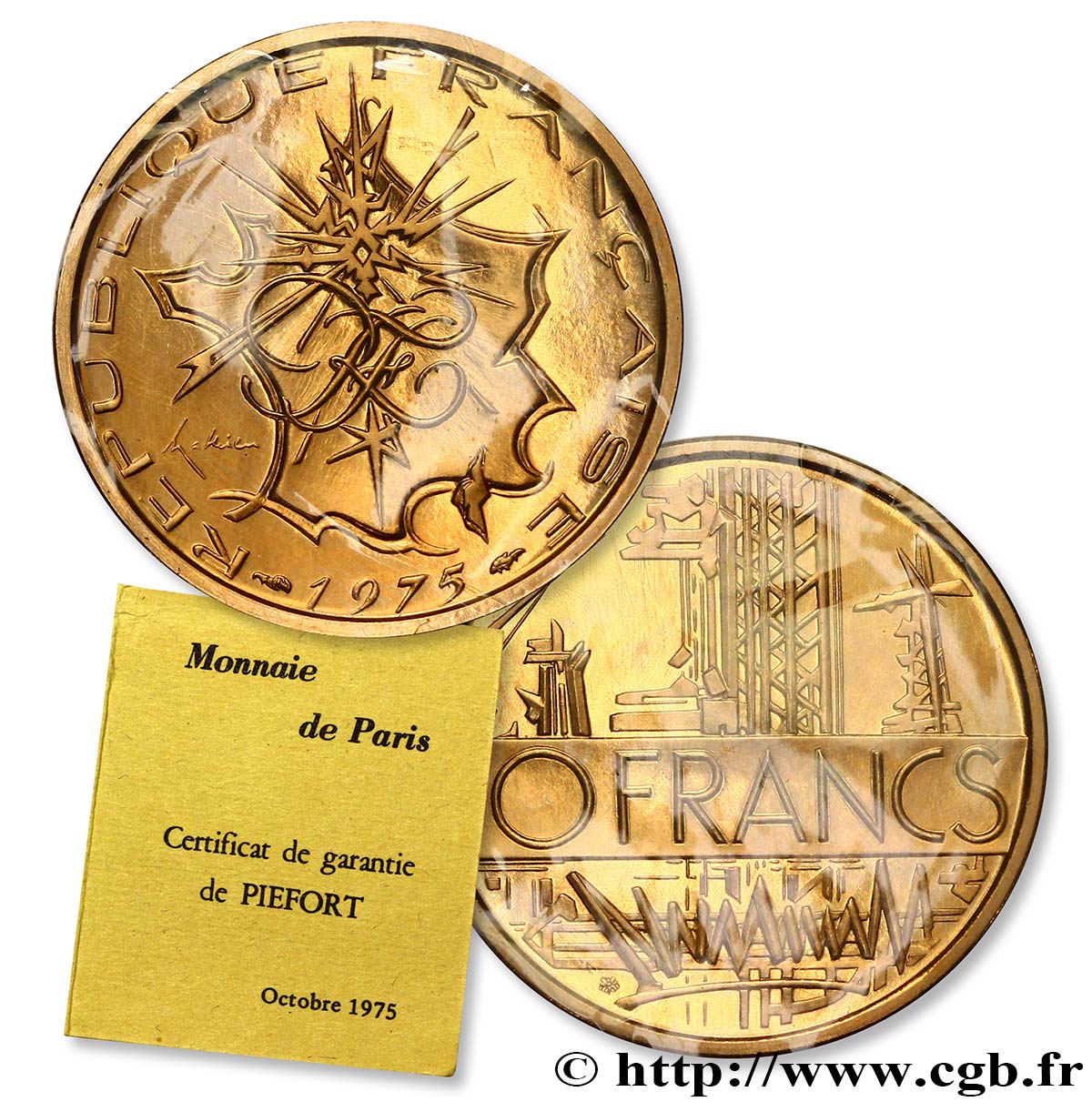 Piéfort Cu-Ni-Al de 10 francs Mathieu 1975 Pessac F.365/3P MS70 