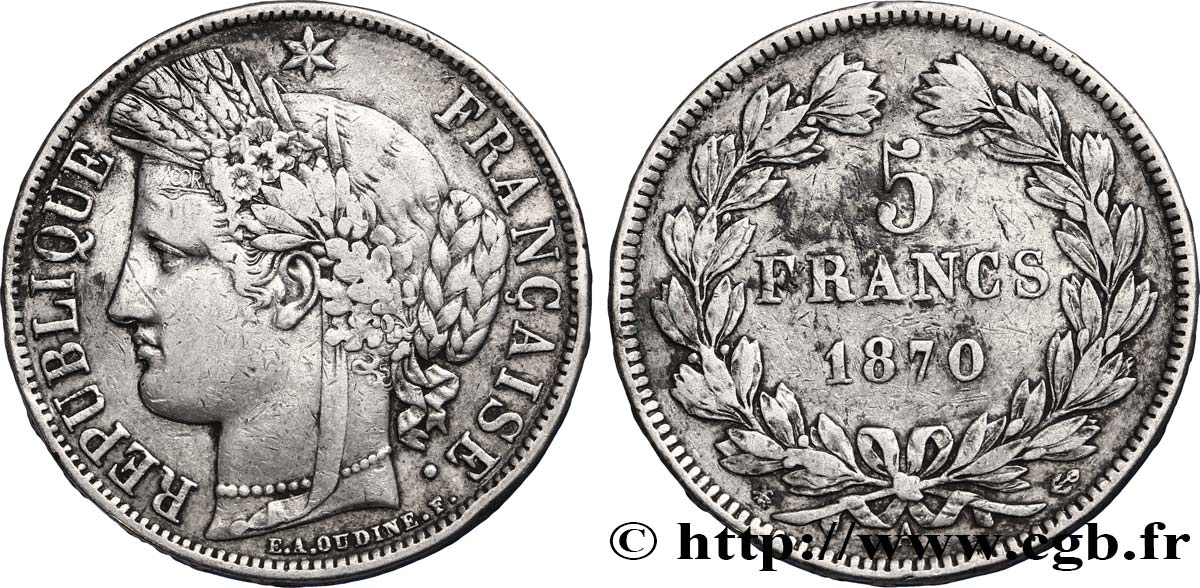 5 francs Cérès, sans légende 1870 Paris F.332/1 MB30 
