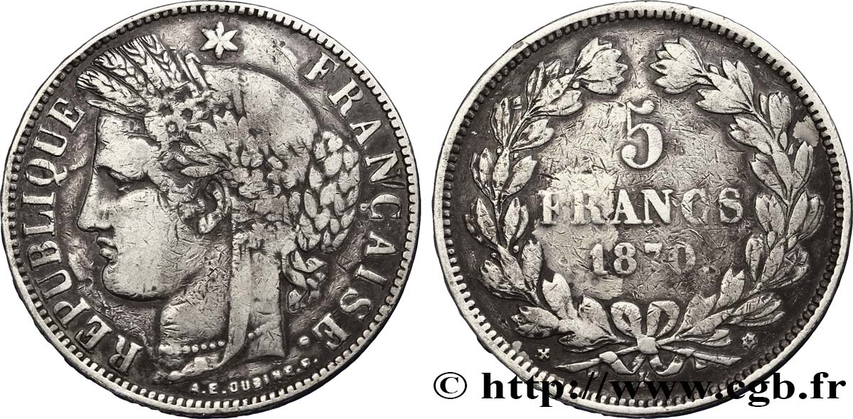 5 francs Cérès, sans légende 1870 Bordeaux F.332/7 VF20 