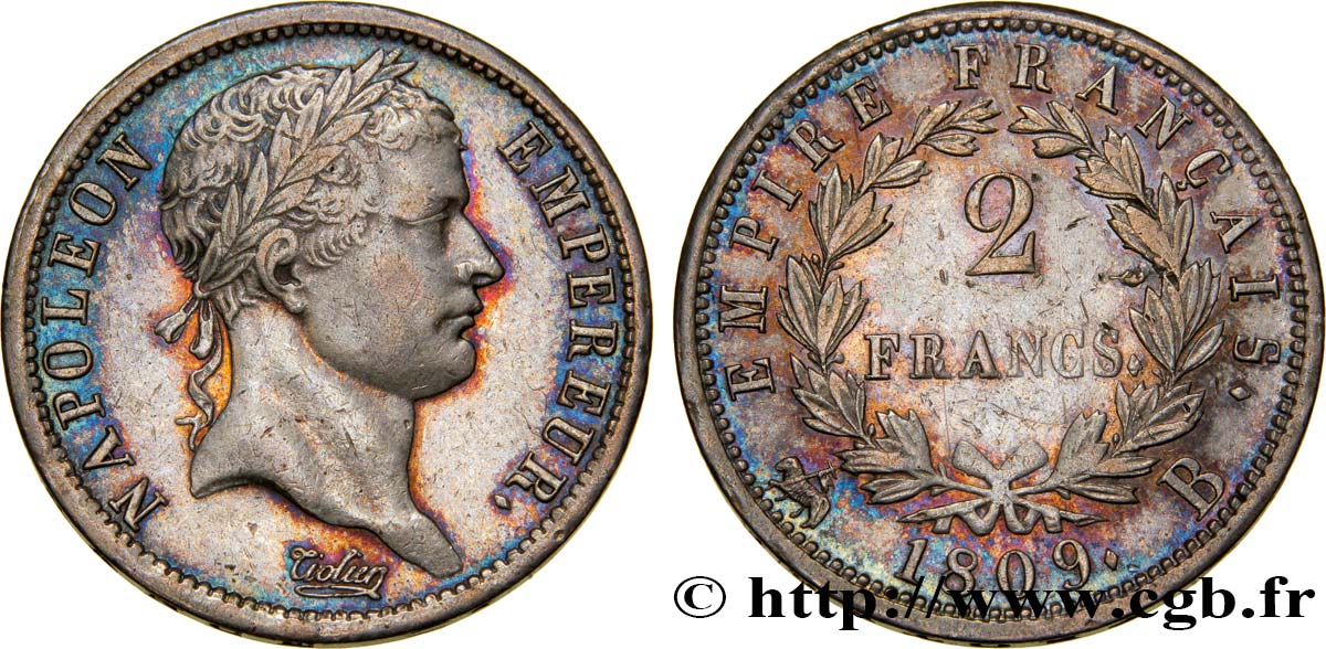 2 francs Napoléon Ier tête laurée, Empire français 1809 Rouen F.255/2 AU55 