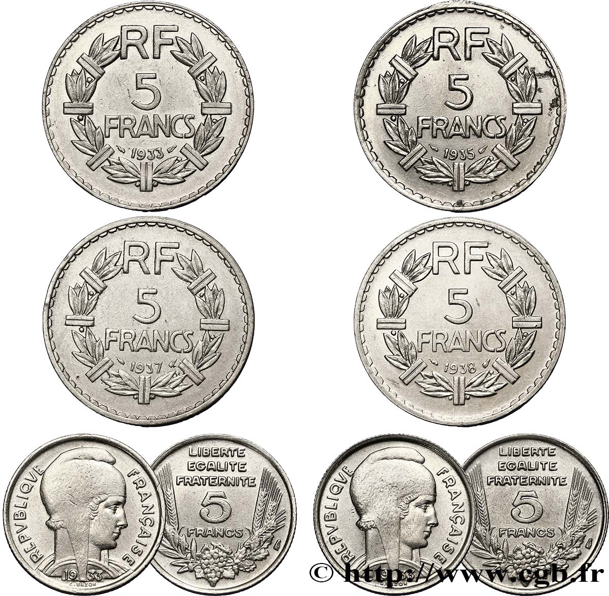 Lot de 6 pièces de 5 francs - - F.335/- MBC/MBC+ 