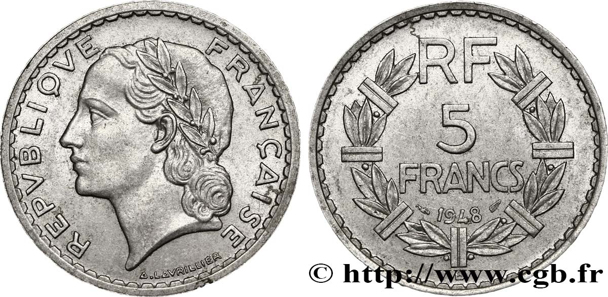 5 francs Lavrillier, aluminium 1948 Beaumont-Le-Roger F.339/15 EBC55 