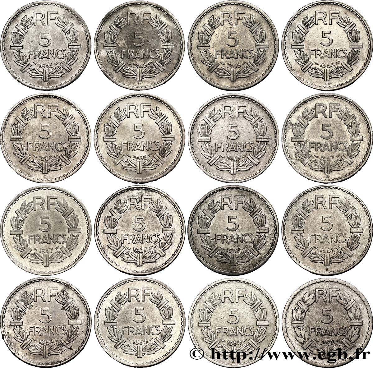 Lot de 16 pièces de 5 francs Lavrillier, aluminium - - F.339/- BC/MBC+ 