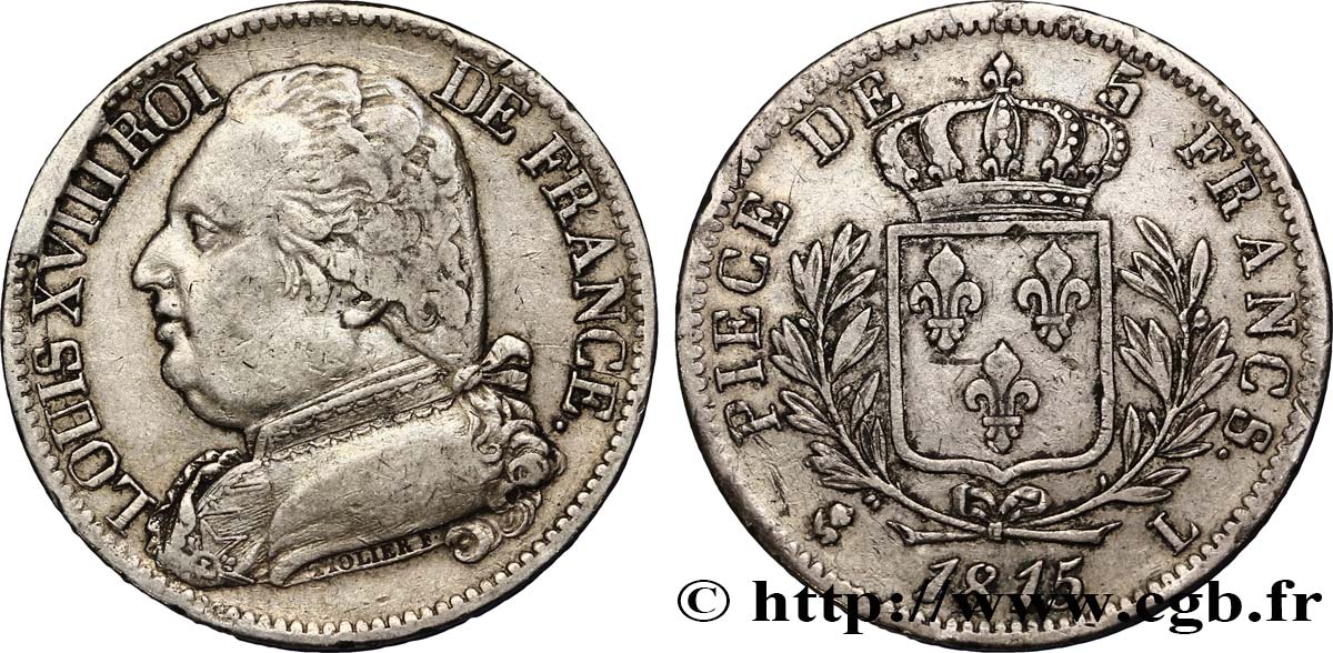 5 francs Louis XVIII, buste habillé 1815 Bayonne F.308/23 VF30 