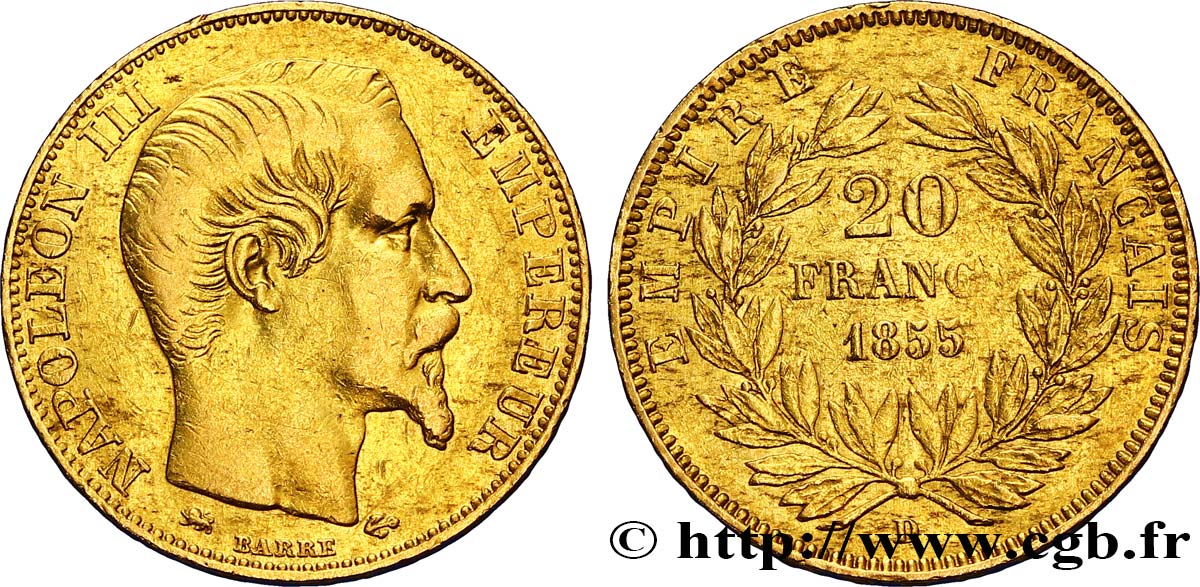 20 francs or Napoléon III, tête nue 1855 Lyon F.531/7 MBC40 