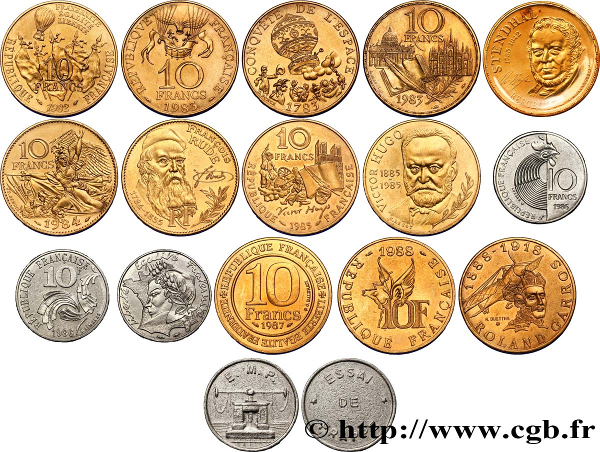 Lot de 15 pièces de 10 francs commémoratives et d’un essai de frappe