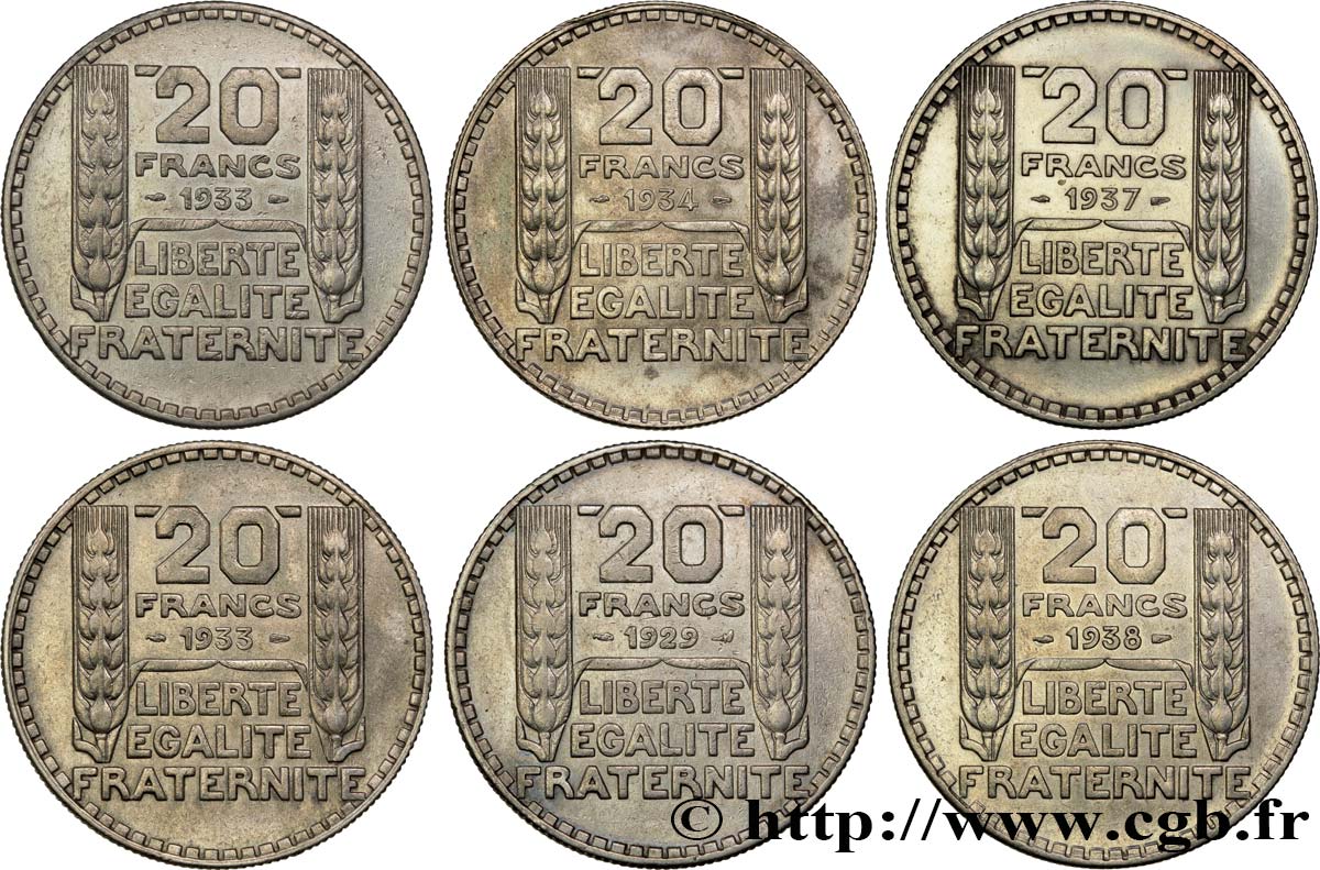 Lot de 6 pièces de 20 francs Turin -  F.400/- XF/AU 