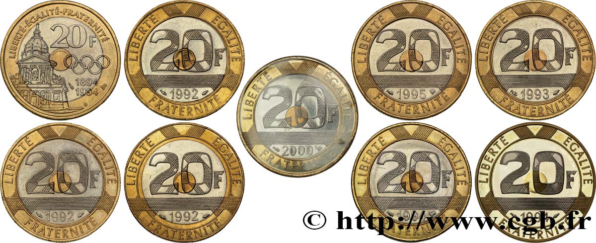 Lot de 9 pièces de 20 francs Mont Saint-Michel, nickel et de 2 pièces commémoratives de 20 francs - - F.403/- MBC/FDC 