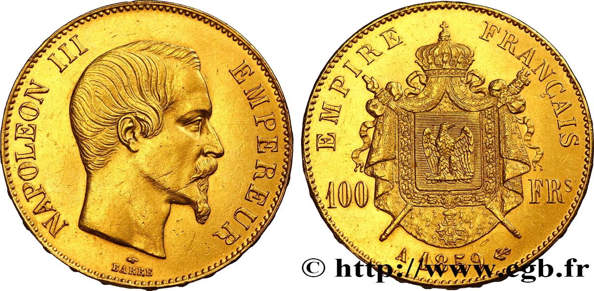100 francs or Napoléon III, tête nue 1859 Paris F.550/7 XF48 