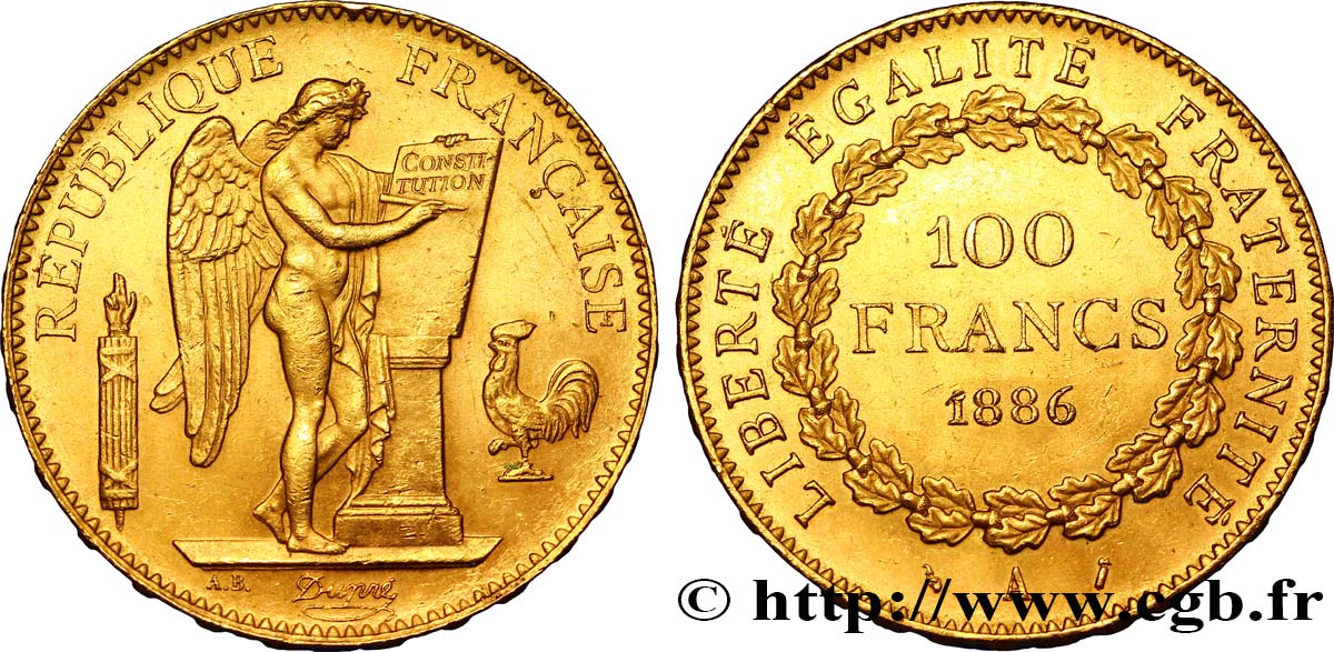 100 francs or Génie, tranche inscrite en relief Dieu protège la France 1886 Paris F.552/7 SUP55 