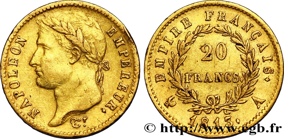 20 francs or Napoléon tête laurée, Empire français 1813 Paris F.516/30 XF45 