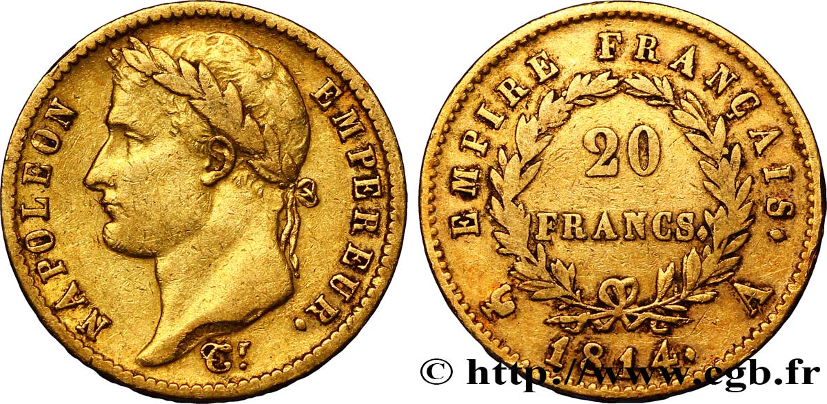 20 francs or Napoléon tête laurée, Empire français 1814 Paris F.516/39 BB45 