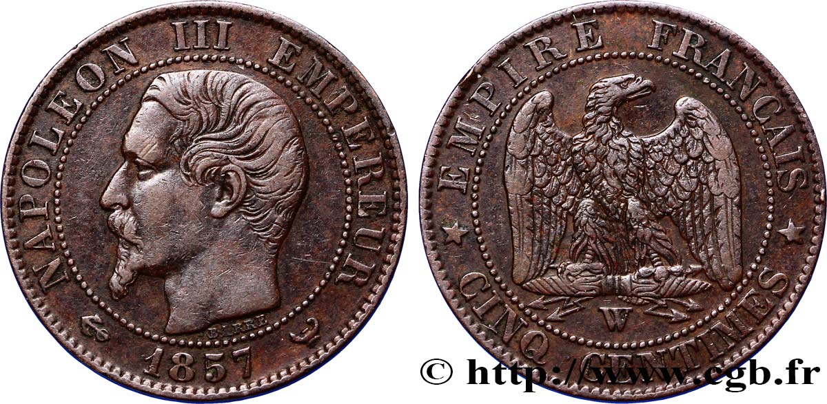 Cinq centimes Napoléon III, tête nue 1857 Lille F.116/43 TTB40 