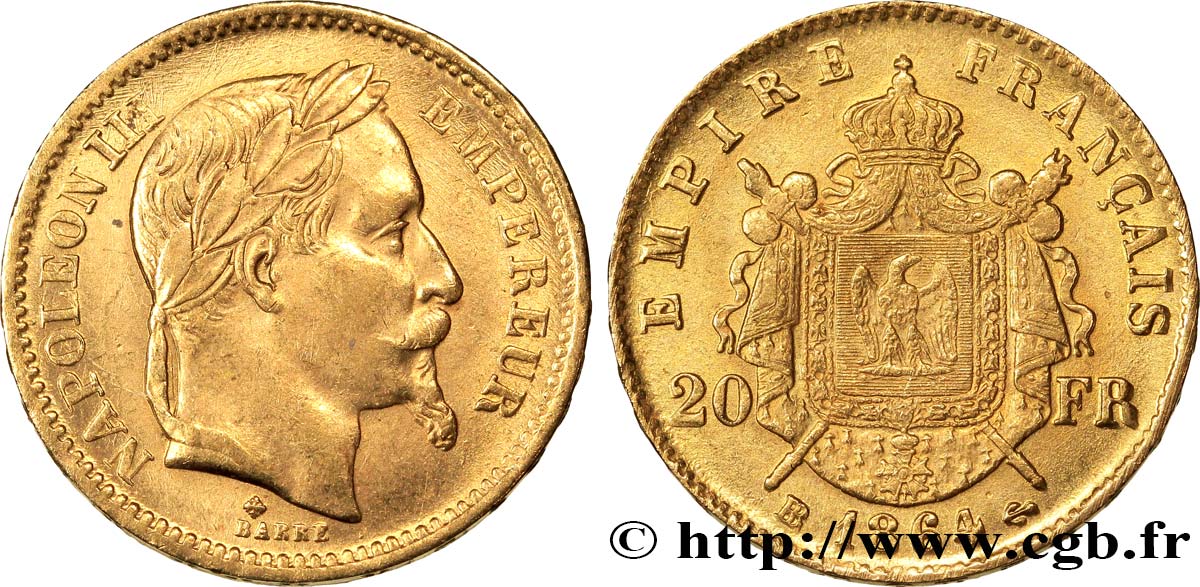 20 francs or Napoléon III, tête laurée 1864 Strasbourg F.532/10 AU52 