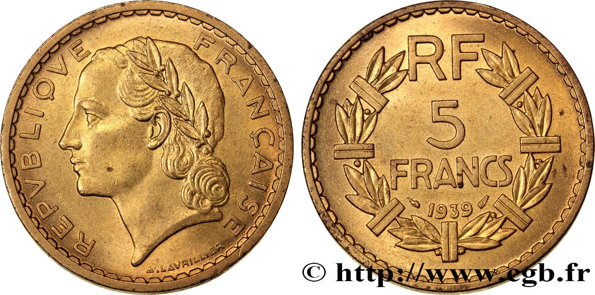 5 francs Lavrillier, bronze-aluminium 1939  F.337/3 fST63 