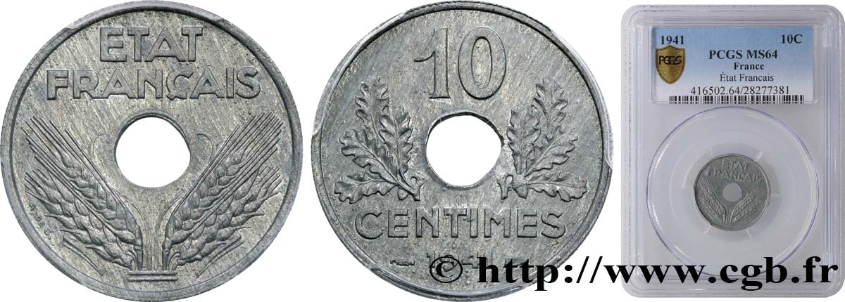 10 centimes État français, grand module 1941  F.141/2 SC64 PCGS