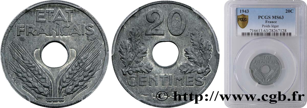 20 centimes État français, légère 1943  F.153A/1 SC63 PCGS