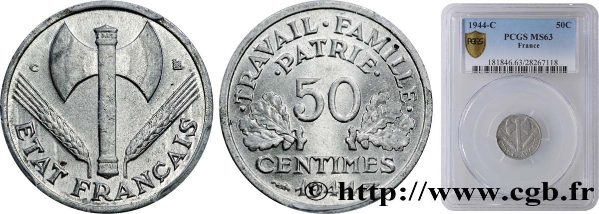 50 centimes Francisque, légère 1944 Castelsarrasin F.196/6 fST63 PCGS