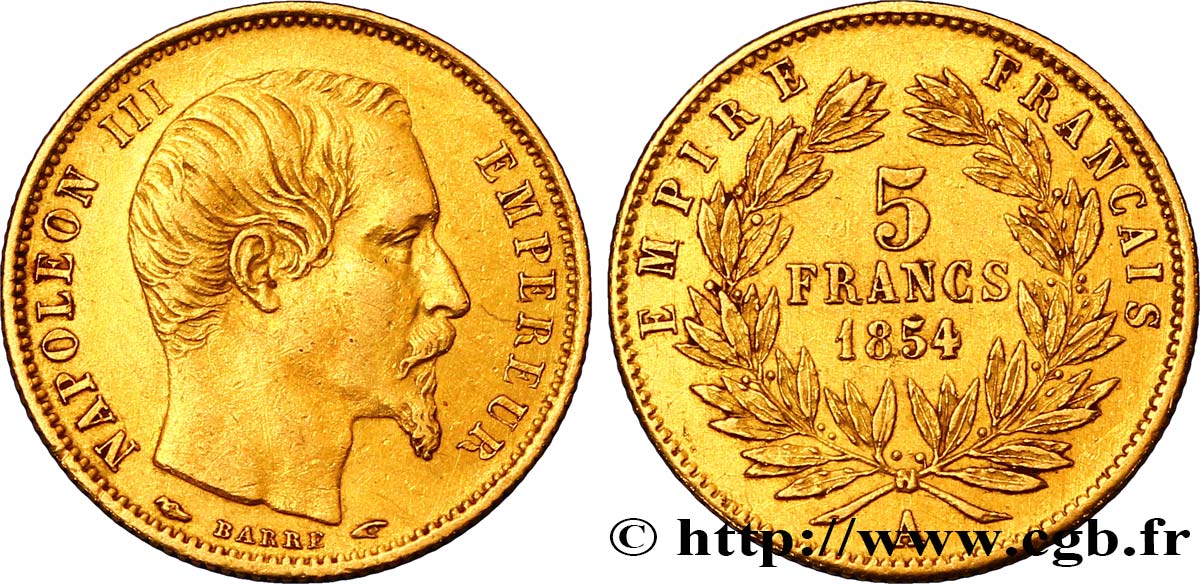 5 francs or Napoléon III, tête nue, petit module, tranche cannelée 1854 Paris F.500A/1 XF48 