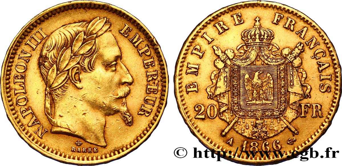 20 francs or Napoléon III, tête laurée 1866 Paris F.532/13 XF45 