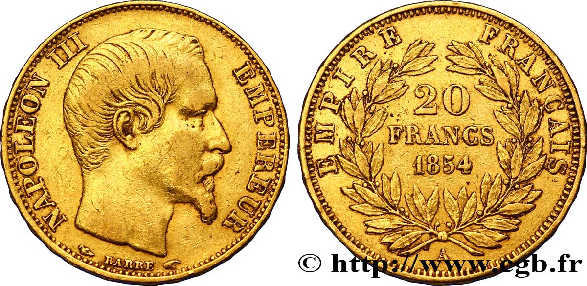 20 francs or Napoléon III, tête nue 1854 Paris F.531/2 SS40 